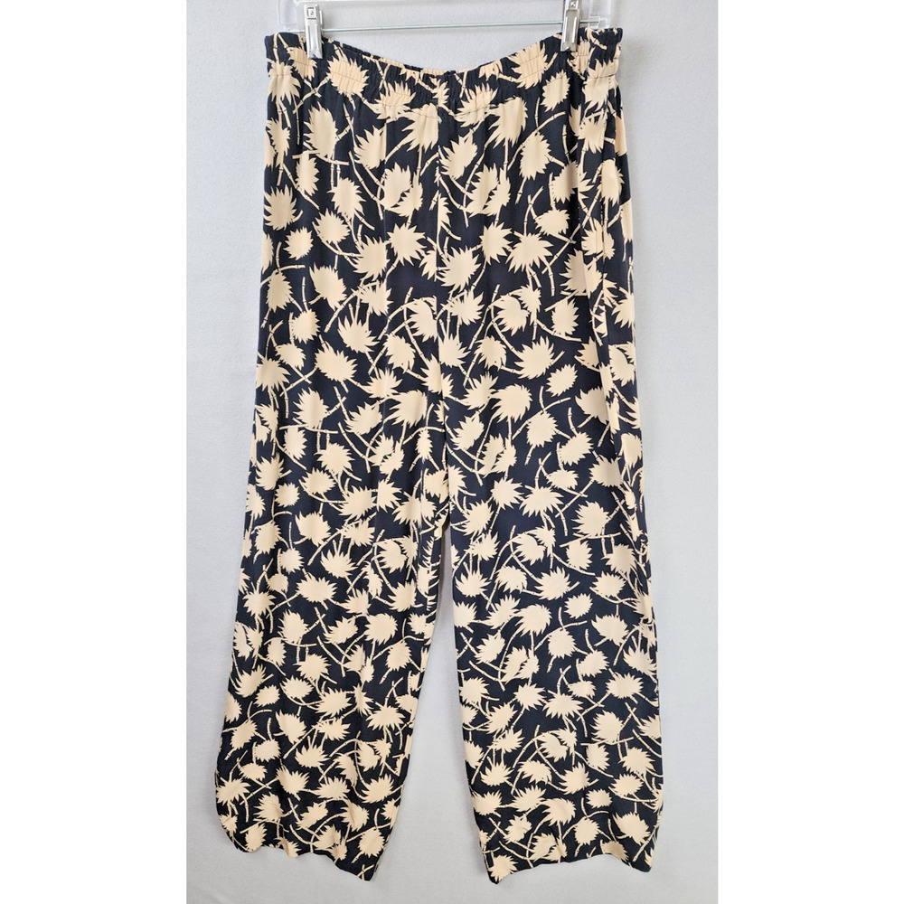 Ciaosport Wide Leg Pants Women Size 10 100% Silk Black and Brown Leaf Print